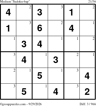 The grouppuzzles.com Medium Sudoku-6up puzzle for Tuesday September 29, 2026 with the first 3 steps marked