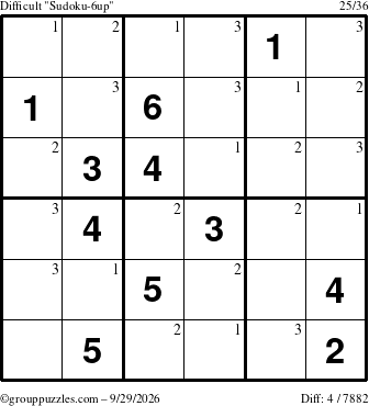 The grouppuzzles.com Difficult Sudoku-6up puzzle for Tuesday September 29, 2026 with the first 3 steps marked