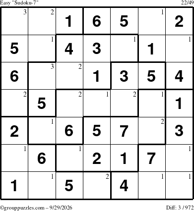 The grouppuzzles.com Easy Sudoku-7 puzzle for Tuesday September 29, 2026 with the first 3 steps marked