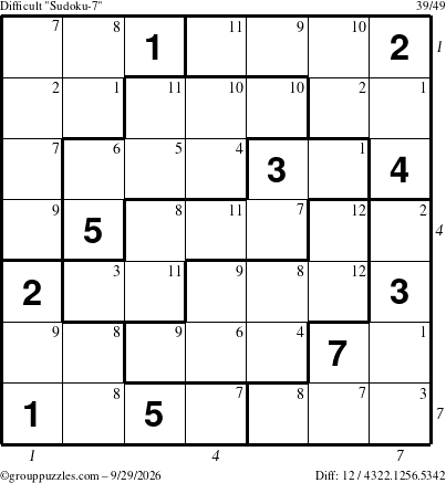 The grouppuzzles.com Difficult Sudoku-7 puzzle for Tuesday September 29, 2026 with all 12 steps marked