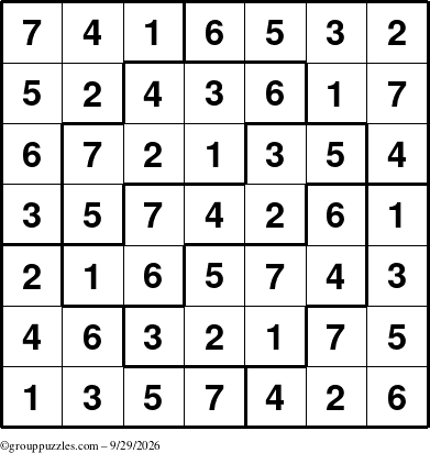The grouppuzzles.com Answer grid for the Sudoku-7 puzzle for Tuesday September 29, 2026