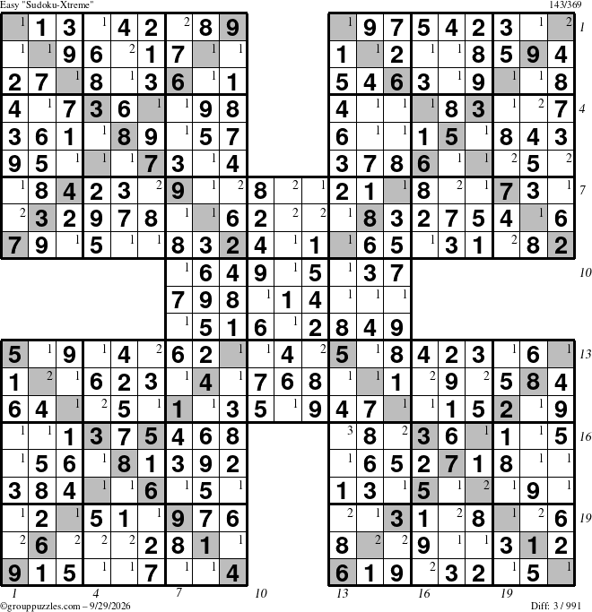 The grouppuzzles.com Easy Sudoku-Xtreme puzzle for Tuesday September 29, 2026, suitable for printing, with all 3 steps marked