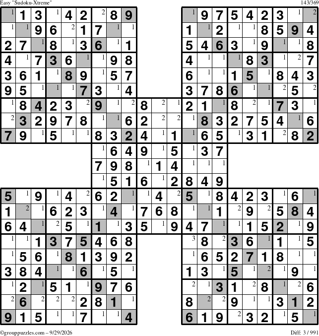 The grouppuzzles.com Easy Sudoku-Xtreme puzzle for Tuesday September 29, 2026 with the first 3 steps marked