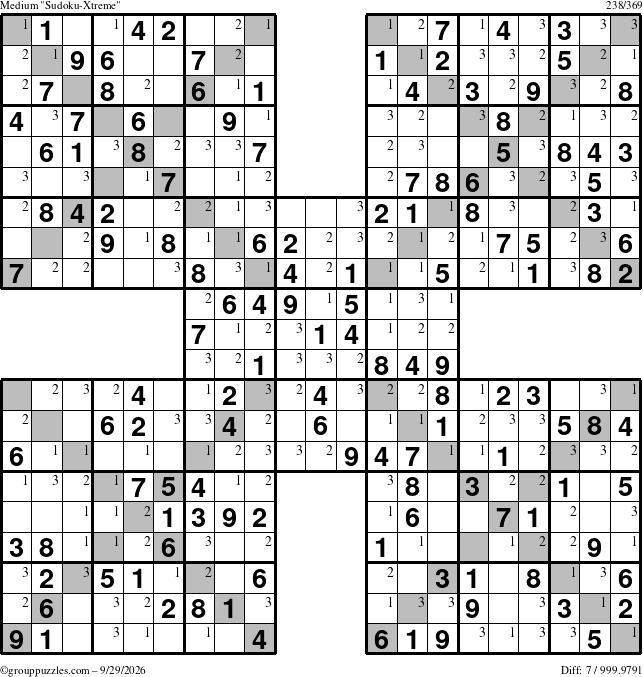The grouppuzzles.com Medium Sudoku-Xtreme puzzle for Tuesday September 29, 2026 with the first 3 steps marked
