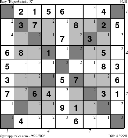 The grouppuzzles.com Easy HyperSudoku-X puzzle for Tuesday September 29, 2026 with all 4 steps marked