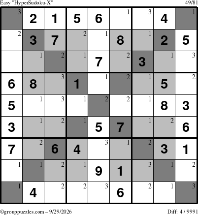 The grouppuzzles.com Easy HyperSudoku-X puzzle for Tuesday September 29, 2026 with the first 3 steps marked
