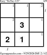 The grouppuzzles.com Easy TicTac-123 puzzle for Tuesday September 29, 2026, suitable for printing, with all 2 steps marked