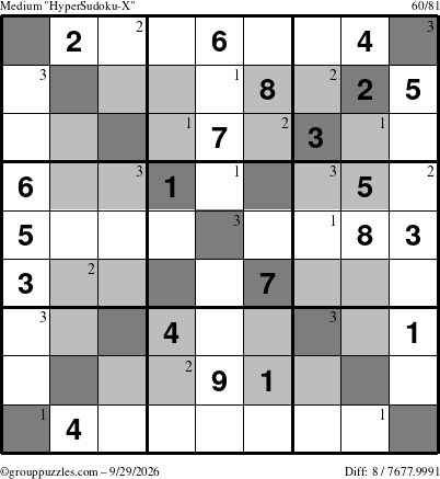 The grouppuzzles.com Medium HyperSudoku-X puzzle for Tuesday September 29, 2026 with the first 3 steps marked