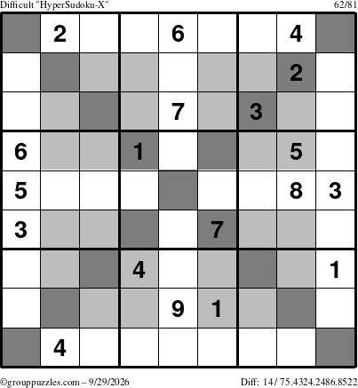 The grouppuzzles.com Difficult HyperSudoku-X puzzle for Tuesday September 29, 2026