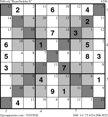 The grouppuzzles.com Difficult HyperSudoku-X puzzle for Tuesday September 29, 2026 with all 14 steps marked