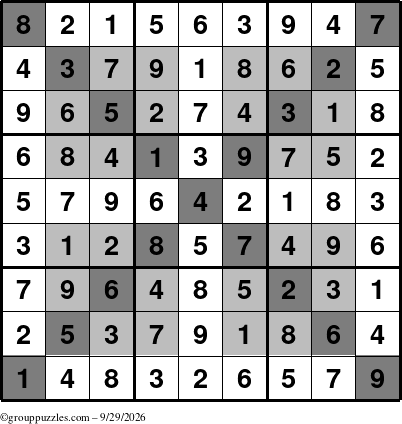 The grouppuzzles.com Answer grid for the HyperSudoku-X puzzle for Tuesday September 29, 2026