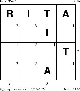 The grouppuzzles.com Easy Rita puzzle for Sunday April 27, 2025, suitable for printing, with all 3 steps marked