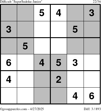 The grouppuzzles.com Difficult SuperSudoku-Junior puzzle for Sunday April 27, 2025