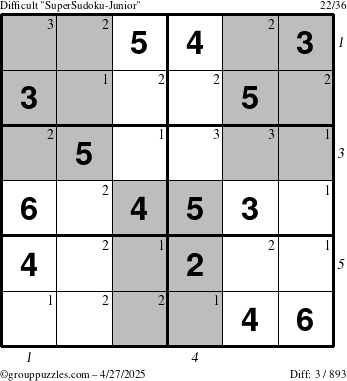 The grouppuzzles.com Difficult SuperSudoku-Junior puzzle for Sunday April 27, 2025 with all 3 steps marked