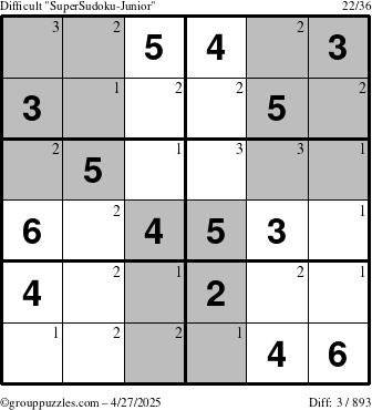 The grouppuzzles.com Difficult SuperSudoku-Junior puzzle for Sunday April 27, 2025 with the first 3 steps marked