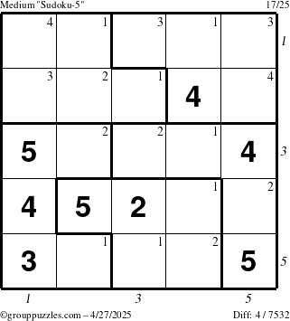 The grouppuzzles.com Medium Sudoku-5 puzzle for Sunday April 27, 2025, suitable for printing, with all 4 steps marked