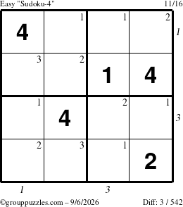 The grouppuzzles.com Easy Sudoku-4 puzzle for Sunday September 6, 2026, suitable for printing, with all 3 steps marked