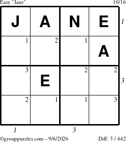 The grouppuzzles.com Easy Jane puzzle for Sunday September 6, 2026, suitable for printing, with all 3 steps marked