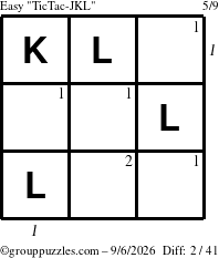 The grouppuzzles.com Easy TicTac-JKL puzzle for Sunday September 6, 2026 with all 2 steps marked
