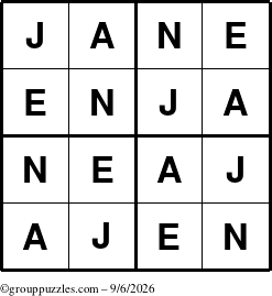 The grouppuzzles.com Answer grid for the Jane puzzle for Sunday September 6, 2026