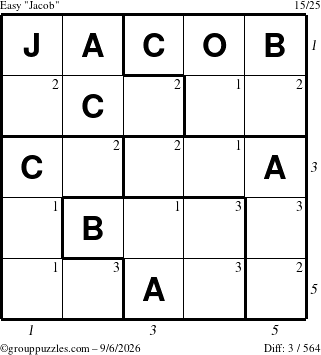 The grouppuzzles.com Easy Jacob puzzle for Sunday September 6, 2026 with all 3 steps marked