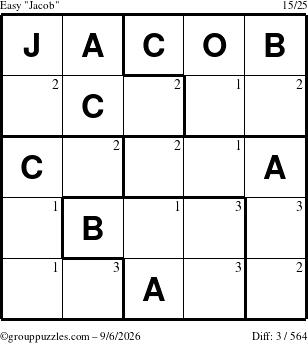 The grouppuzzles.com Easy Jacob puzzle for Sunday September 6, 2026 with the first 3 steps marked