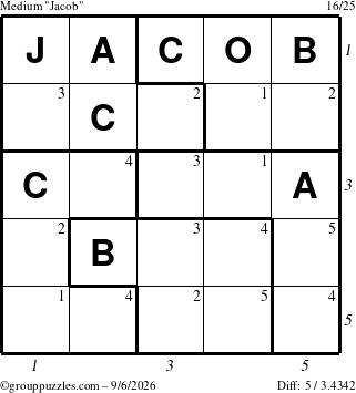 The grouppuzzles.com Medium Jacob puzzle for Sunday September 6, 2026 with all 5 steps marked