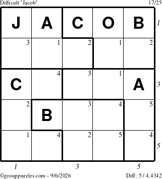 The grouppuzzles.com Difficult Jacob puzzle for Sunday September 6, 2026, suitable for printing, with all 5 steps marked