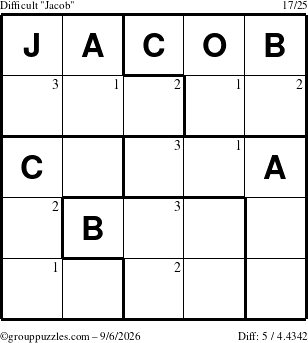 The grouppuzzles.com Difficult Jacob puzzle for Sunday September 6, 2026 with the first 3 steps marked