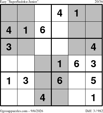 The grouppuzzles.com Easy SuperSudoku-Junior puzzle for Sunday September 6, 2026
