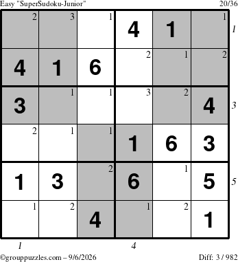 The grouppuzzles.com Easy SuperSudoku-Junior puzzle for Sunday September 6, 2026 with all 3 steps marked