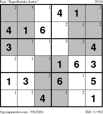 The grouppuzzles.com Easy SuperSudoku-Junior puzzle for Sunday September 6, 2026 with the first 3 steps marked