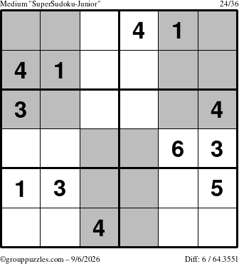 The grouppuzzles.com Medium SuperSudoku-Junior puzzle for Sunday September 6, 2026