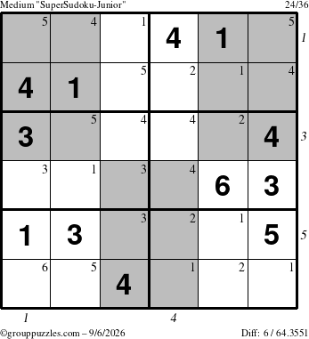 The grouppuzzles.com Medium SuperSudoku-Junior puzzle for Sunday September 6, 2026 with all 6 steps marked