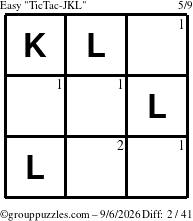 The grouppuzzles.com Easy TicTac-JKL puzzle for Sunday September 6, 2026 with the first 2 steps marked