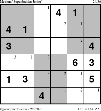 The grouppuzzles.com Medium SuperSudoku-Junior puzzle for Sunday September 6, 2026 with the first 3 steps marked