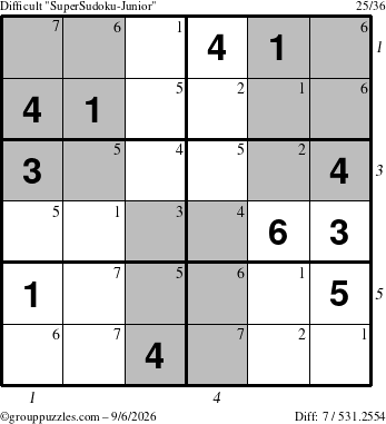 The grouppuzzles.com Difficult SuperSudoku-Junior puzzle for Sunday September 6, 2026, suitable for printing, with all 7 steps marked