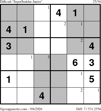 The grouppuzzles.com Difficult SuperSudoku-Junior puzzle for Sunday September 6, 2026 with the first 3 steps marked