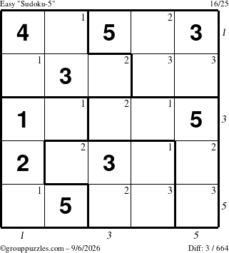 The grouppuzzles.com Easy Sudoku-5 puzzle for Sunday September 6, 2026, suitable for printing, with all 3 steps marked