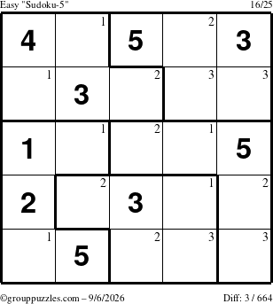 The grouppuzzles.com Easy Sudoku-5 puzzle for Sunday September 6, 2026 with the first 3 steps marked