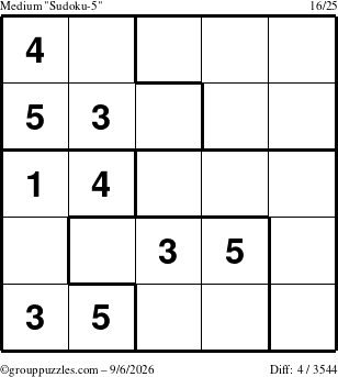 The grouppuzzles.com Medium Sudoku-5 puzzle for Sunday September 6, 2026