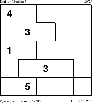 The grouppuzzles.com Difficult Sudoku-5 puzzle for Sunday September 6, 2026