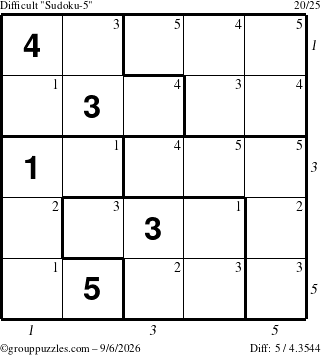The grouppuzzles.com Difficult Sudoku-5 puzzle for Sunday September 6, 2026 with all 5 steps marked