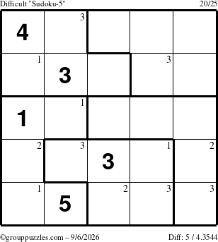 The grouppuzzles.com Difficult Sudoku-5 puzzle for Sunday September 6, 2026 with the first 3 steps marked