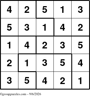 The grouppuzzles.com Answer grid for the Sudoku-5 puzzle for Sunday September 6, 2026