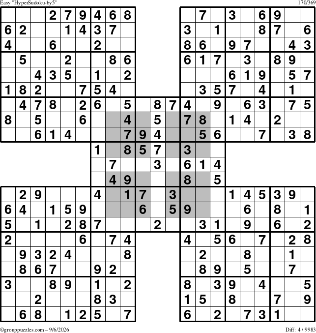 The grouppuzzles.com Easy HyperSudoku-by5 puzzle for Sunday September 6, 2026