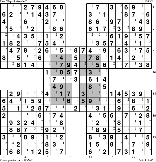 The grouppuzzles.com Easy HyperSudoku-by5 puzzle for Sunday September 6, 2026 with all 4 steps marked