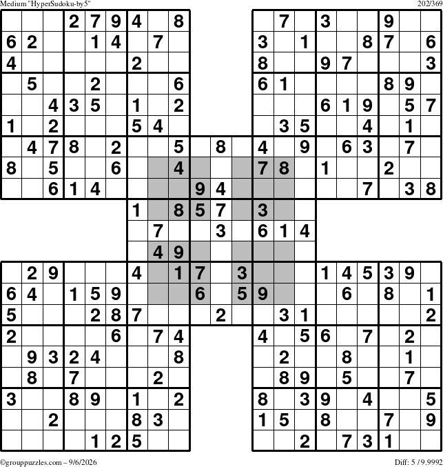 The grouppuzzles.com Medium HyperSudoku-by5 puzzle for Sunday September 6, 2026