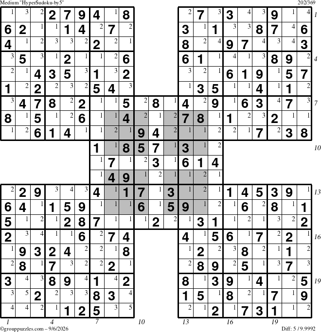 The grouppuzzles.com Medium HyperSudoku-by5 puzzle for Sunday September 6, 2026 with all 5 steps marked