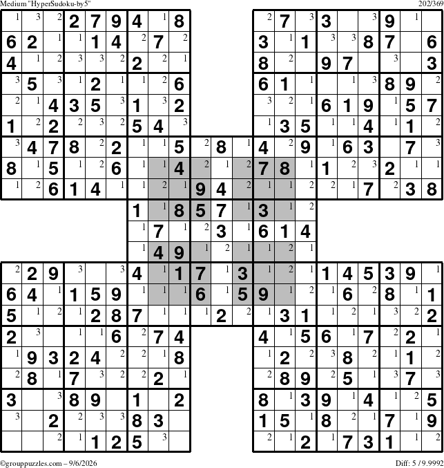 The grouppuzzles.com Medium HyperSudoku-by5 puzzle for Sunday September 6, 2026 with the first 3 steps marked